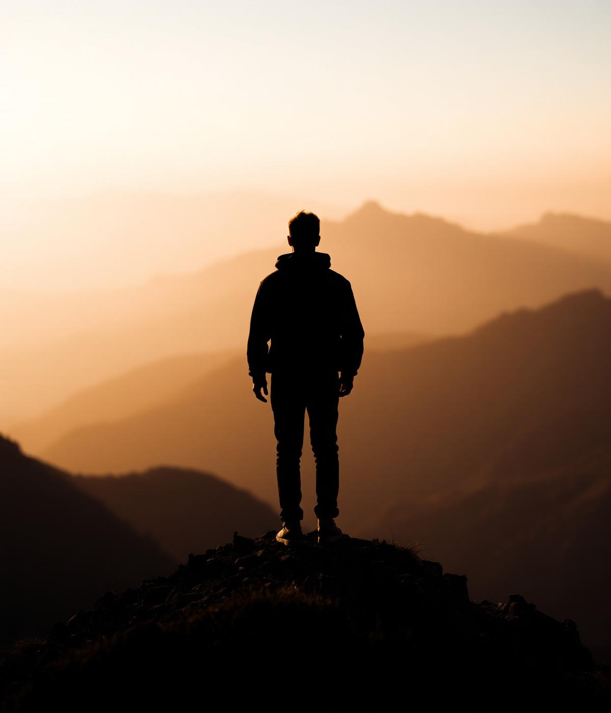 A man standing on a mountain ridge at dawn, looking out at distant peaks